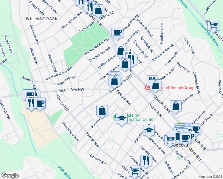 map of restaurants, bars, coffee shops, grocery stores, and more near 1 McGill Avenue Northwest in Concord