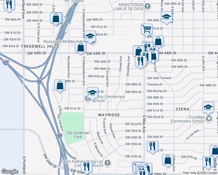 map of restaurants, bars, coffee shops, grocery stores, and more near 4904 South Land Avenue in Oklahoma City