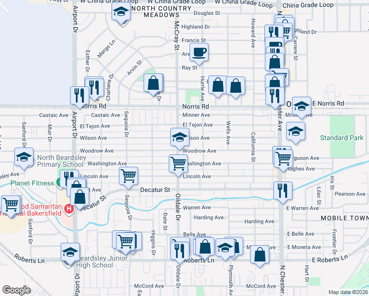 map of restaurants, bars, coffee shops, grocery stores, and more near 422 Woodrow Avenue in Bakersfield