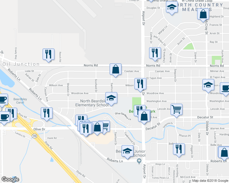 map of restaurants, bars, coffee shops, grocery stores, and more near 1020 Woodrow Avenue in Bakersfield