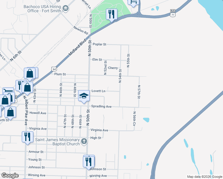 map of restaurants, bars, coffee shops, grocery stores, and more near 5211 Lovett Lane in Fort Smith