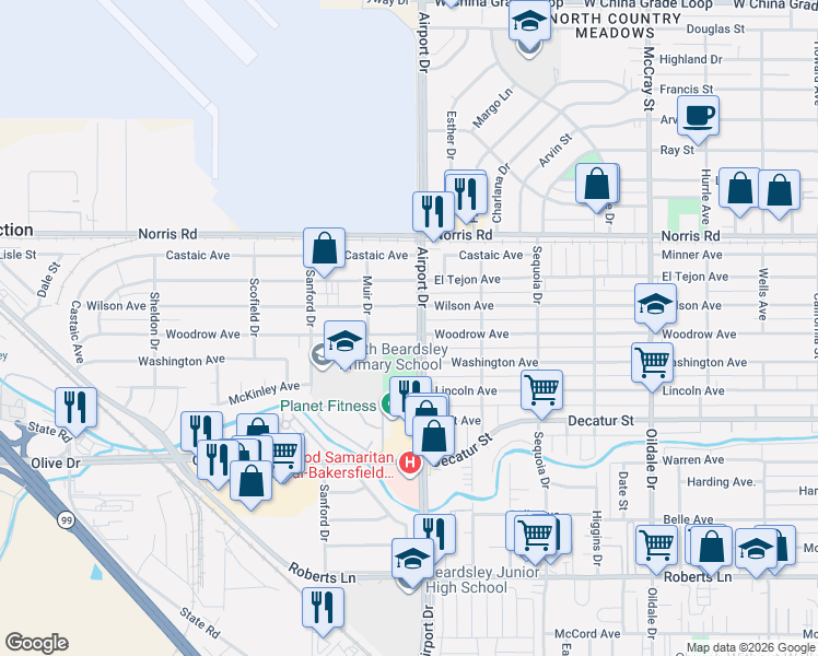 map of restaurants, bars, coffee shops, grocery stores, and more near 906 Woodrow Avenue in Bakersfield