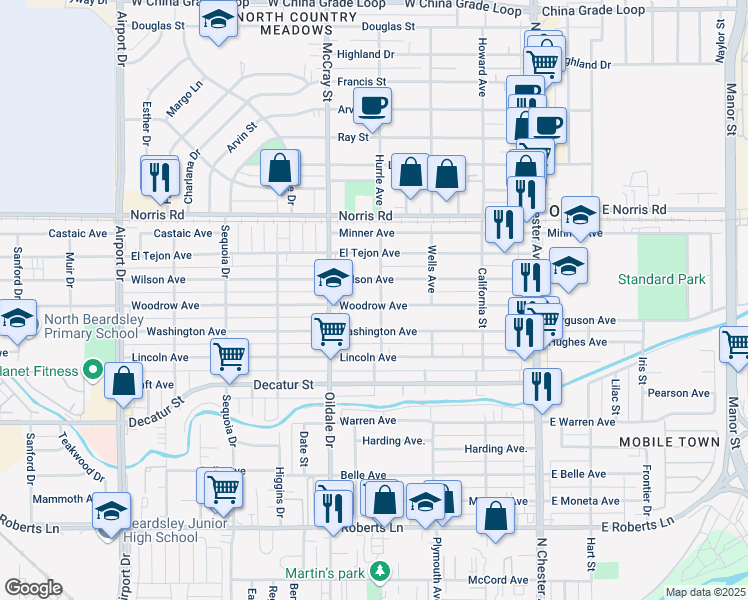 map of restaurants, bars, coffee shops, grocery stores, and more near 402 Woodrow Avenue in Bakersfield