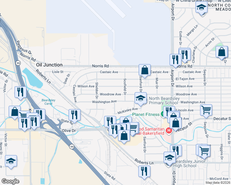 map of restaurants, bars, coffee shops, grocery stores, and more near 1212 Woodrow Avenue in Bakersfield
