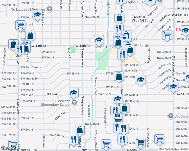 map of restaurants, bars, coffee shops, grocery stores, and more near 4905 South Youngs Boulevard in Oklahoma City