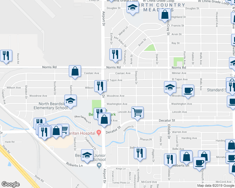 map of restaurants, bars, coffee shops, grocery stores, and more near 802 Woodrow Avenue in Bakersfield