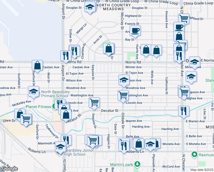 map of restaurants, bars, coffee shops, grocery stores, and more near 600 Woodrow Avenue in Bakersfield