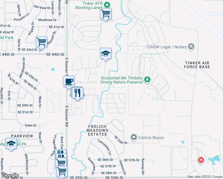 map of restaurants, bars, coffee shops, grocery stores, and more near 6100 Southeast 47th Street in Oklahoma City