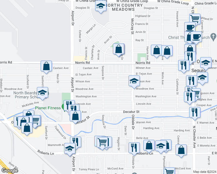 map of restaurants, bars, coffee shops, grocery stores, and more near 614 Woodrow Avenue in Bakersfield