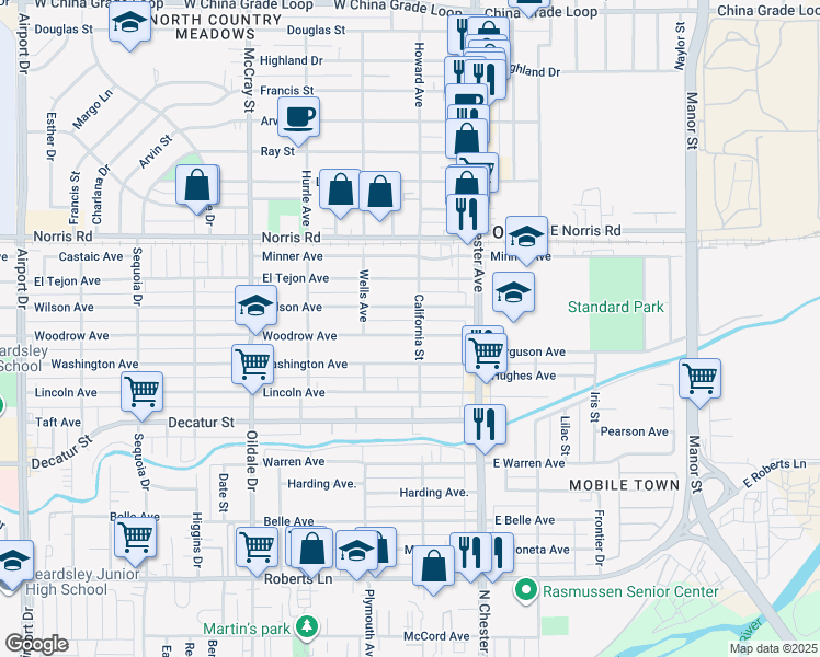 map of restaurants, bars, coffee shops, grocery stores, and more near 200 Woodrow Avenue in Bakersfield