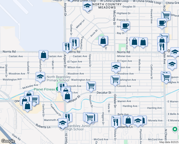 map of restaurants, bars, coffee shops, grocery stores, and more near 620 Woodrow Avenue in Bakersfield