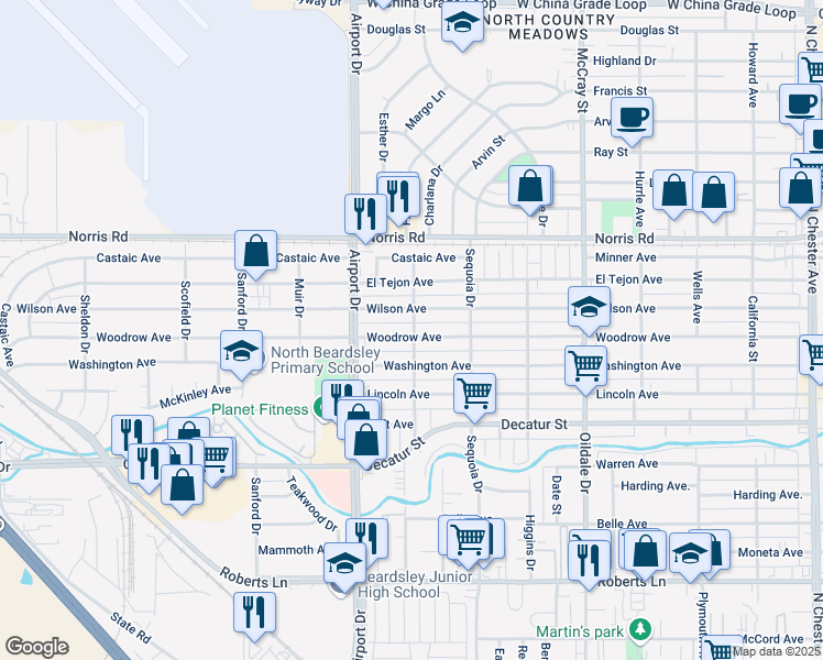 map of restaurants, bars, coffee shops, grocery stores, and more near 802 Woodrow Avenue in Bakersfield
