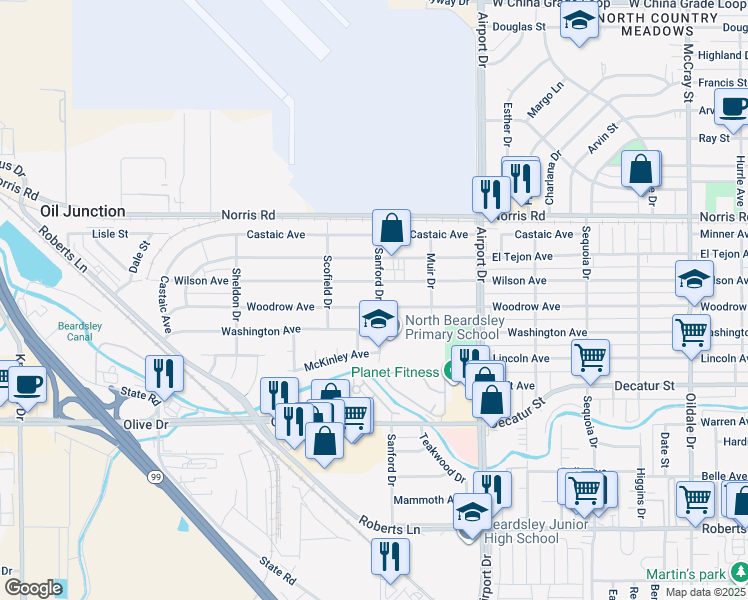 map of restaurants, bars, coffee shops, grocery stores, and more near 1020 Woodrow Avenue in Bakersfield