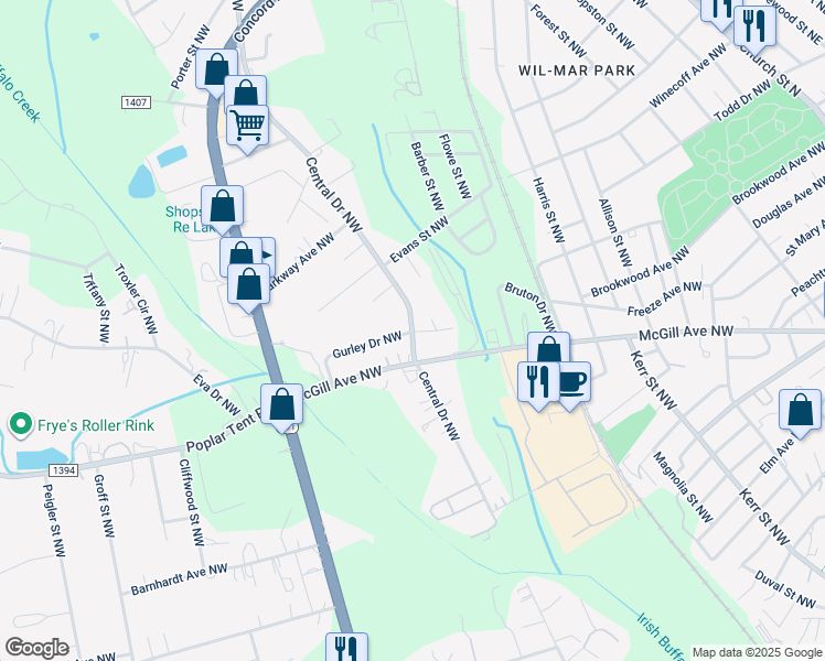 map of restaurants, bars, coffee shops, grocery stores, and more near 571 Central Drive Northwest in Concord