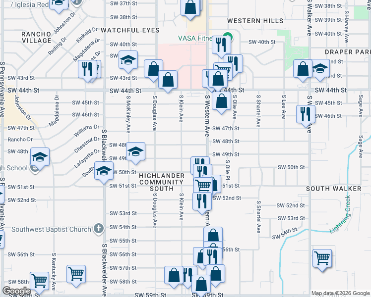 map of restaurants, bars, coffee shops, grocery stores, and more near 924 Southwest 48th Street in Oklahoma City