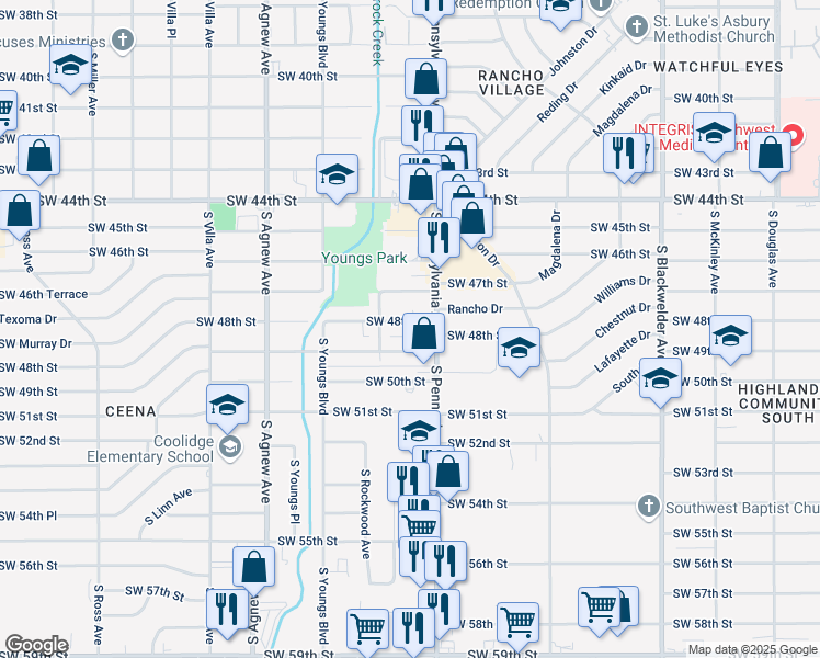 map of restaurants, bars, coffee shops, grocery stores, and more near 2132 Southwest 48th Street in Oklahoma City