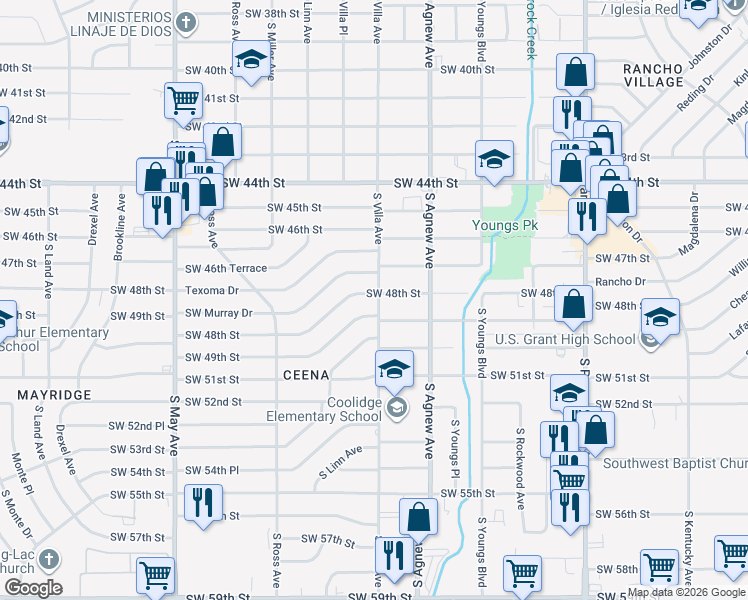 map of restaurants, bars, coffee shops, grocery stores, and more near 2500 Southwest 48th Street in Oklahoma City