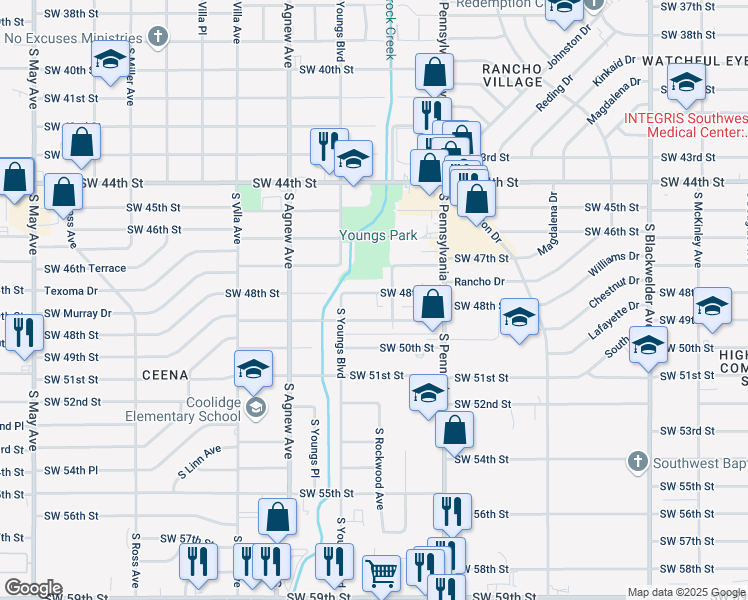 map of restaurants, bars, coffee shops, grocery stores, and more near 2216 Southwest 48th Street in Oklahoma City