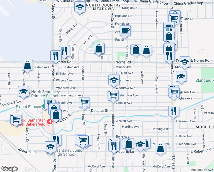 map of restaurants, bars, coffee shops, grocery stores, and more near 508 Woodrow Avenue in Bakersfield