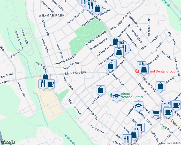 map of restaurants, bars, coffee shops, grocery stores, and more near 143 McGill Ave NW in Concord