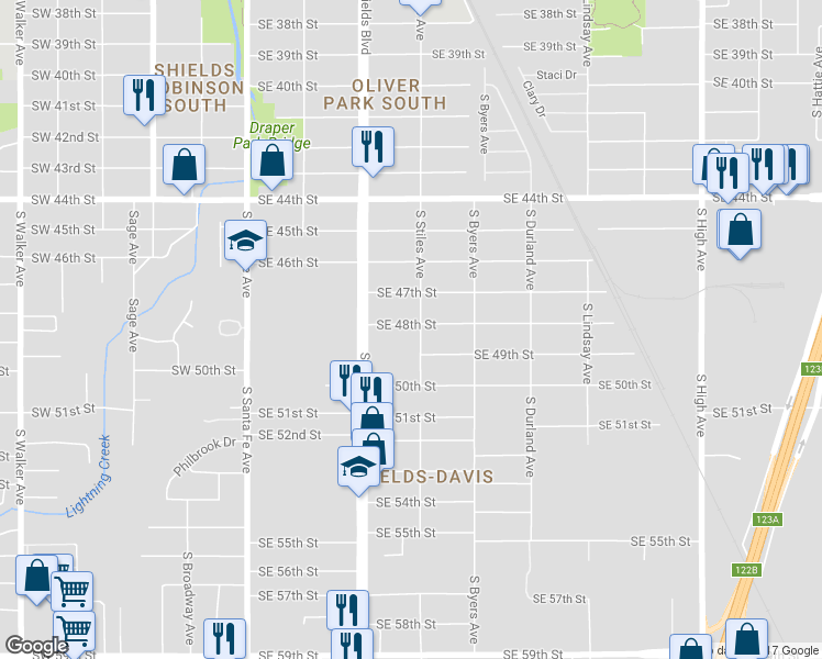 map of restaurants, bars, coffee shops, grocery stores, and more near 238 Southeast 48th Street in Oklahoma City