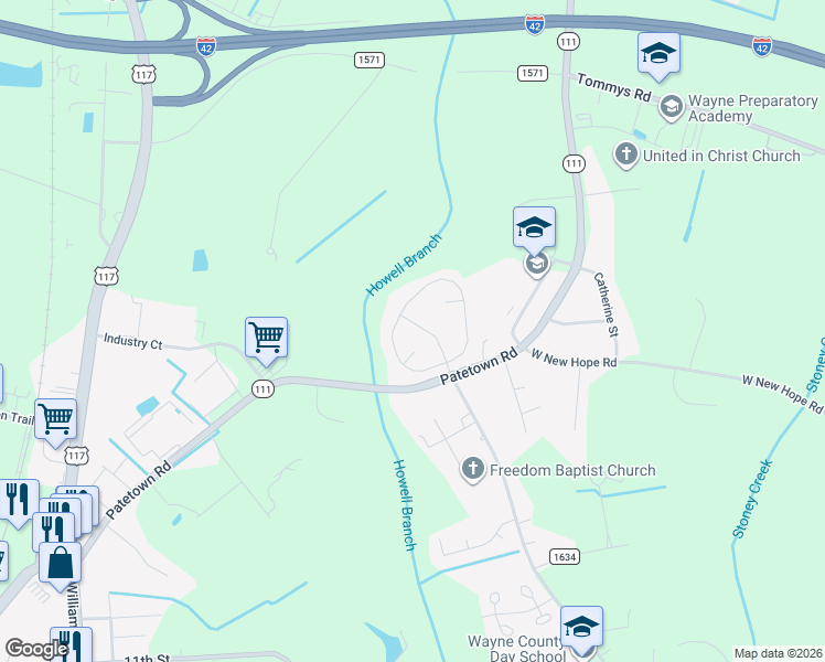 map of restaurants, bars, coffee shops, grocery stores, and more near 218 King's Way in Goldsboro