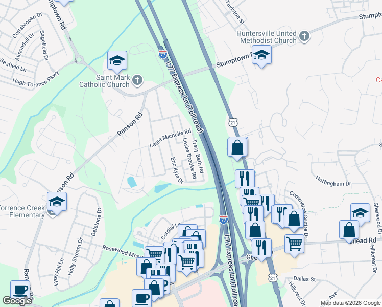 map of restaurants, bars, coffee shops, grocery stores, and more near 14570 Nicole Campbell Road in Huntersville