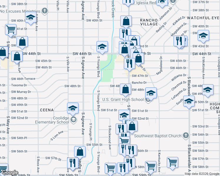 map of restaurants, bars, coffee shops, grocery stores, and more near 2216 Southwest 48th Street in Oklahoma City