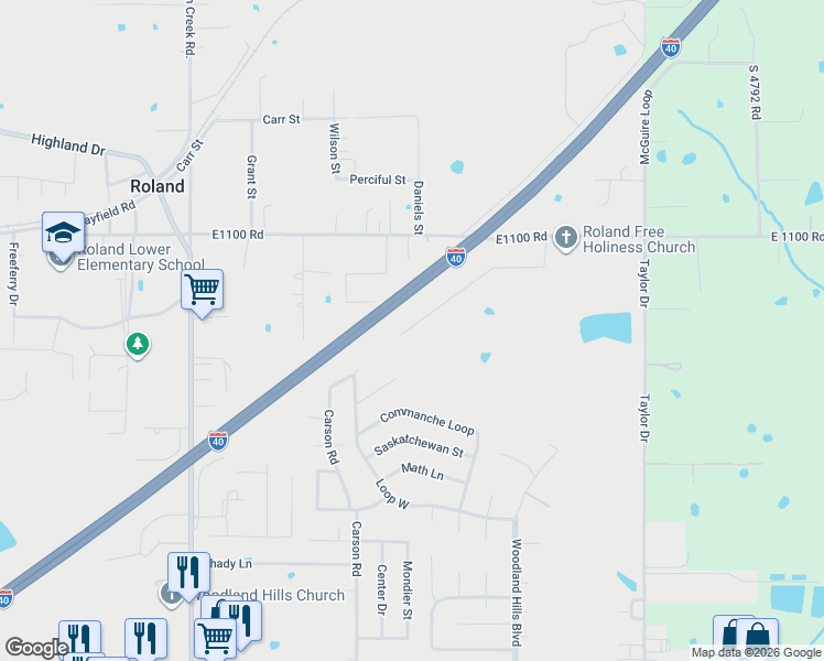 map of restaurants, bars, coffee shops, grocery stores, and more near 141 Stone Drive in Roland