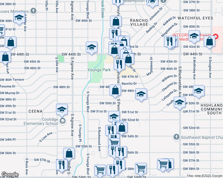 map of restaurants, bars, coffee shops, grocery stores, and more near 2132 Southwest 48th Street in Oklahoma City