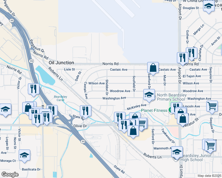map of restaurants, bars, coffee shops, grocery stores, and more near 1236 Woodrow Avenue in Bakersfield