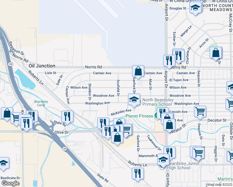 map of restaurants, bars, coffee shops, grocery stores, and more near 1200 Woodrow Avenue in Bakersfield
