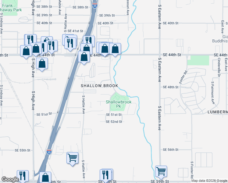map of restaurants, bars, coffee shops, grocery stores, and more near 4813 South Shallow Brook Drive in Oklahoma City