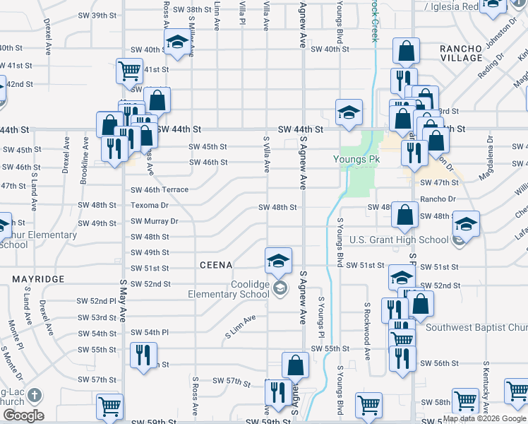 map of restaurants, bars, coffee shops, grocery stores, and more near 2500 Southwest 48th Street in Oklahoma City