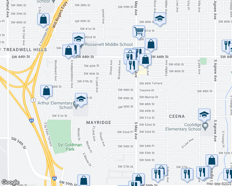 map of restaurants, bars, coffee shops, grocery stores, and more near 4905 Brookline Avenue in Oklahoma City