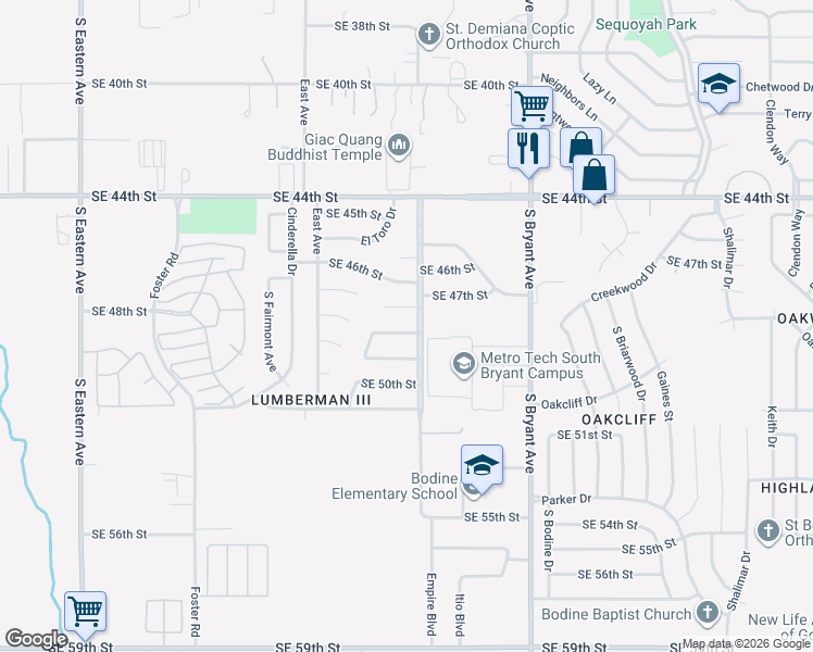 map of restaurants, bars, coffee shops, grocery stores, and more near 2729 SE 48th St in Oklahoma City