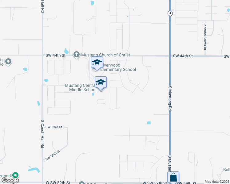 map of restaurants, bars, coffee shops, grocery stores, and more near 11749 Southwest 54th Street in Mustang