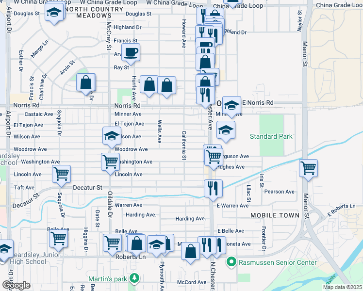 map of restaurants, bars, coffee shops, grocery stores, and more near 200 Woodrow Avenue in Bakersfield