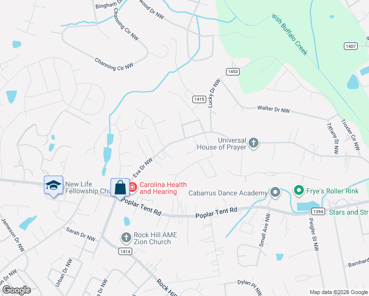 map of restaurants, bars, coffee shops, grocery stores, and more near 3317 Eva Drive Northwest in Concord