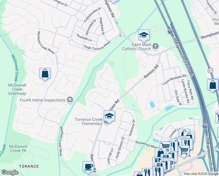 map of restaurants, bars, coffee shops, grocery stores, and more near 8713 Shadetree Street in Huntersville