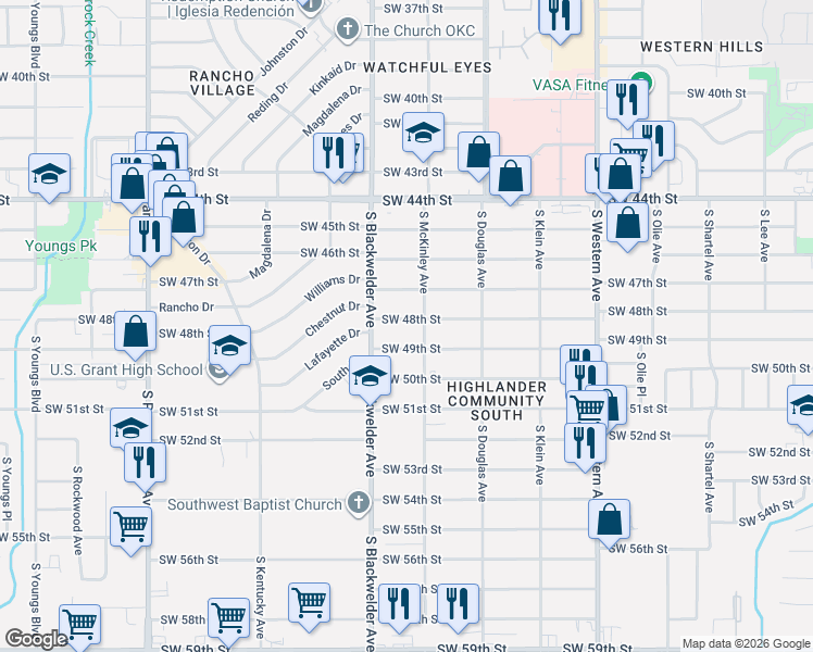 map of restaurants, bars, coffee shops, grocery stores, and more near 1206 Southwest 48th Street in Oklahoma City