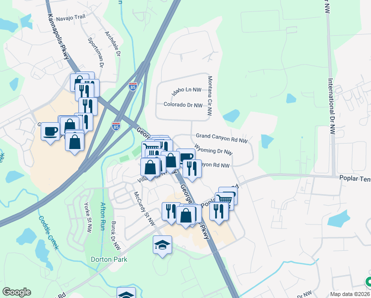 map of restaurants, bars, coffee shops, grocery stores, and more near 118 Arizona Pl NW in Concord