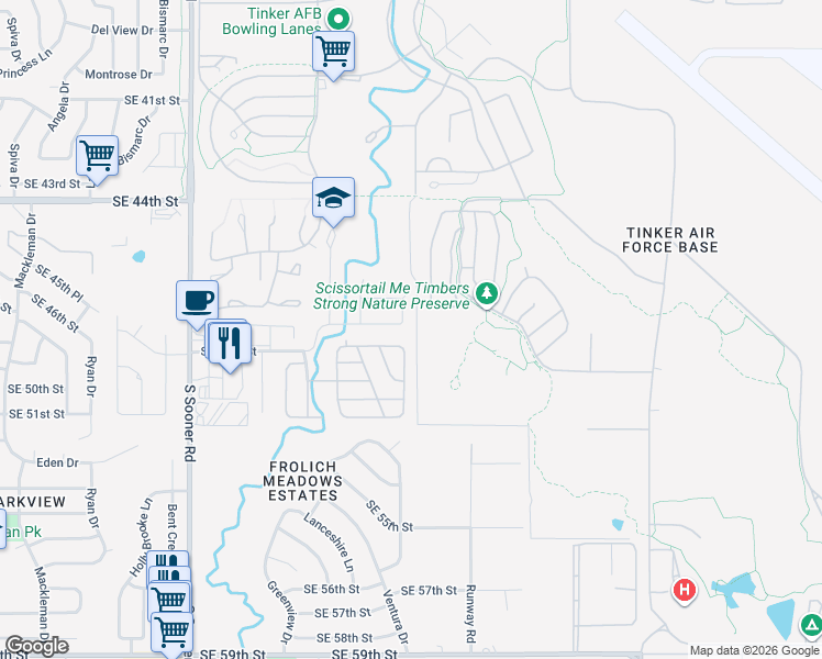 map of restaurants, bars, coffee shops, grocery stores, and more near 6224 Southeast 47th Street in Oklahoma City