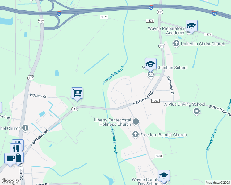 map of restaurants, bars, coffee shops, grocery stores, and more near 218 King's Way in Goldsboro