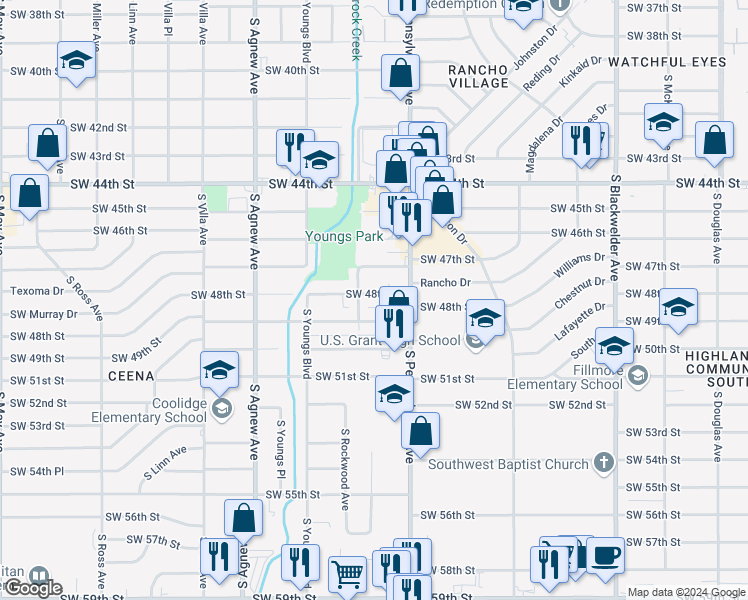 map of restaurants, bars, coffee shops, grocery stores, and more near 2132 Southwest 48th Street in Oklahoma City