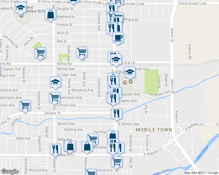 map of restaurants, bars, coffee shops, grocery stores, and more near 110 Woodrow Avenue in Bakersfield