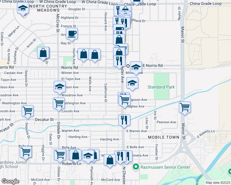 map of restaurants, bars, coffee shops, grocery stores, and more near 112 Woodrow Avenue in Bakersfield