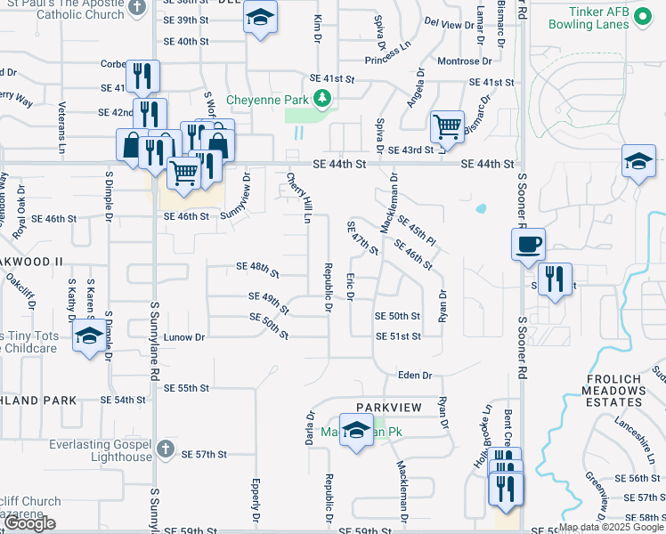 map of restaurants, bars, coffee shops, grocery stores, and more near 4808 Republic Drive in Oklahoma City