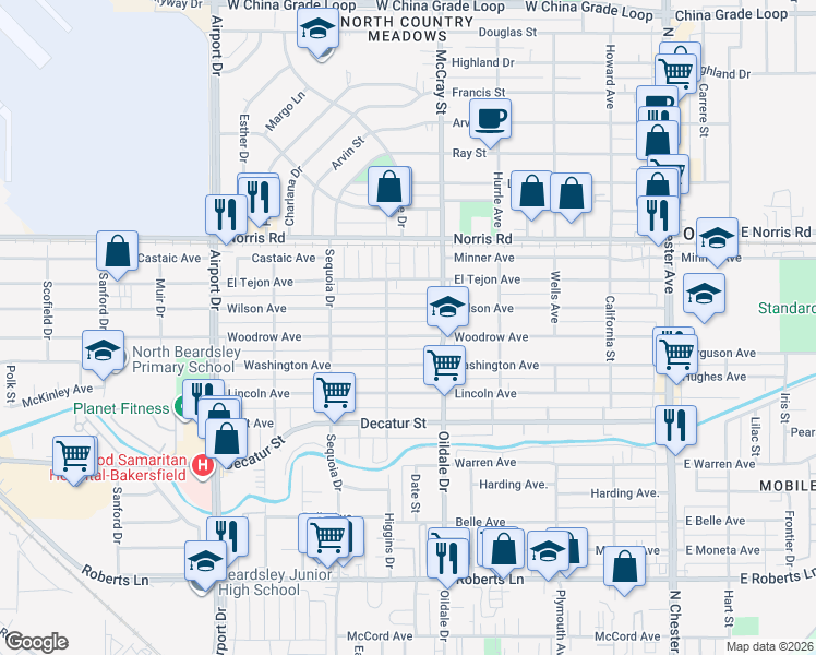 map of restaurants, bars, coffee shops, grocery stores, and more near 508 Woodrow Avenue in Bakersfield
