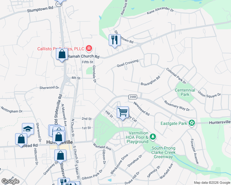 map of restaurants, bars, coffee shops, grocery stores, and more near 14600 Glendale Drive in Huntersville